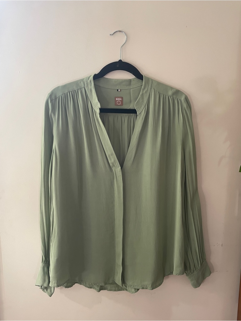 Hugo Boss Sage Green Split-Neck Long Sleeve Blouse